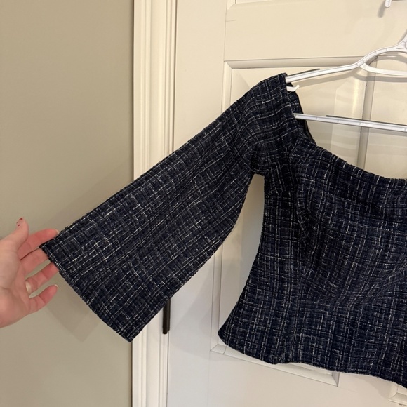 New! Zara Off The Shoulder Square Neckline Top Blue Black Tweed 31940 - Picture 7 of 13